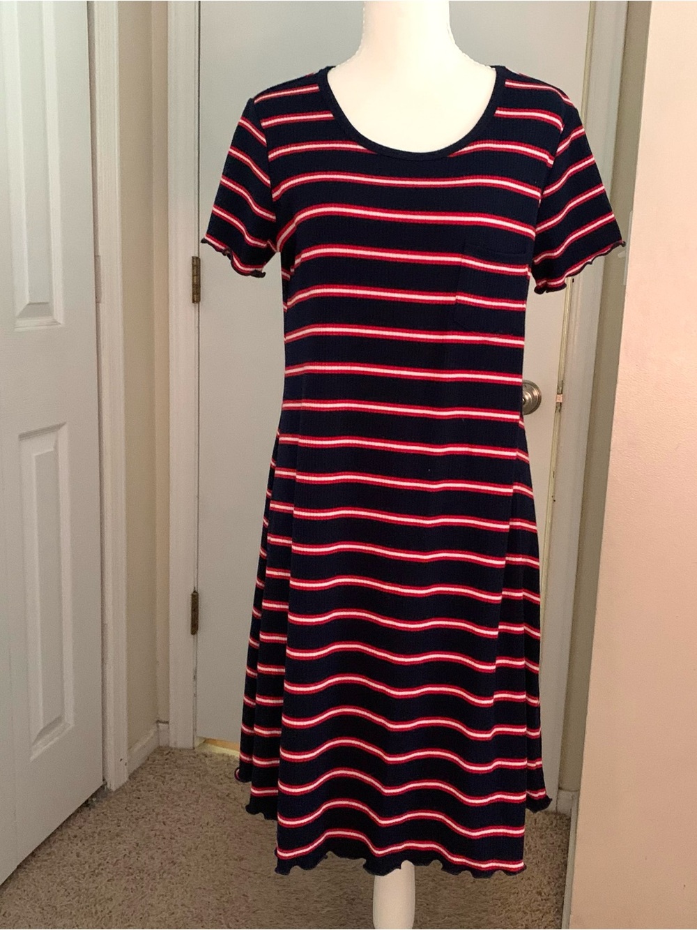 Mossimo Shirt Dress Striped Ribbed Navy Blue Red White A-Line USA Summer Sz L